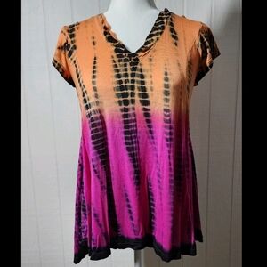 Raya Sun Tunic Top Pink Orange Tie Dye Short Sleeve Size Small